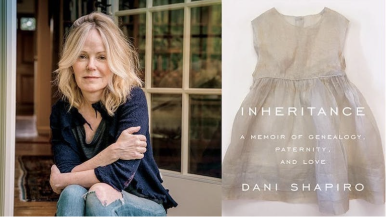 photo of author Dani Shapiro with image of cover of Inheritance: A Memoir of Genealogy, Paternity, and Love